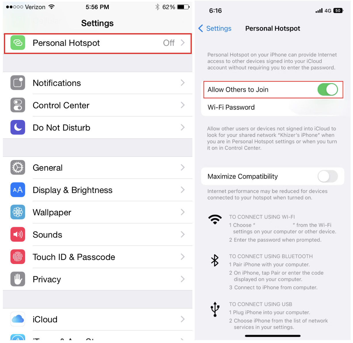 Personal Hotspot and toggle on Allow Others to Join